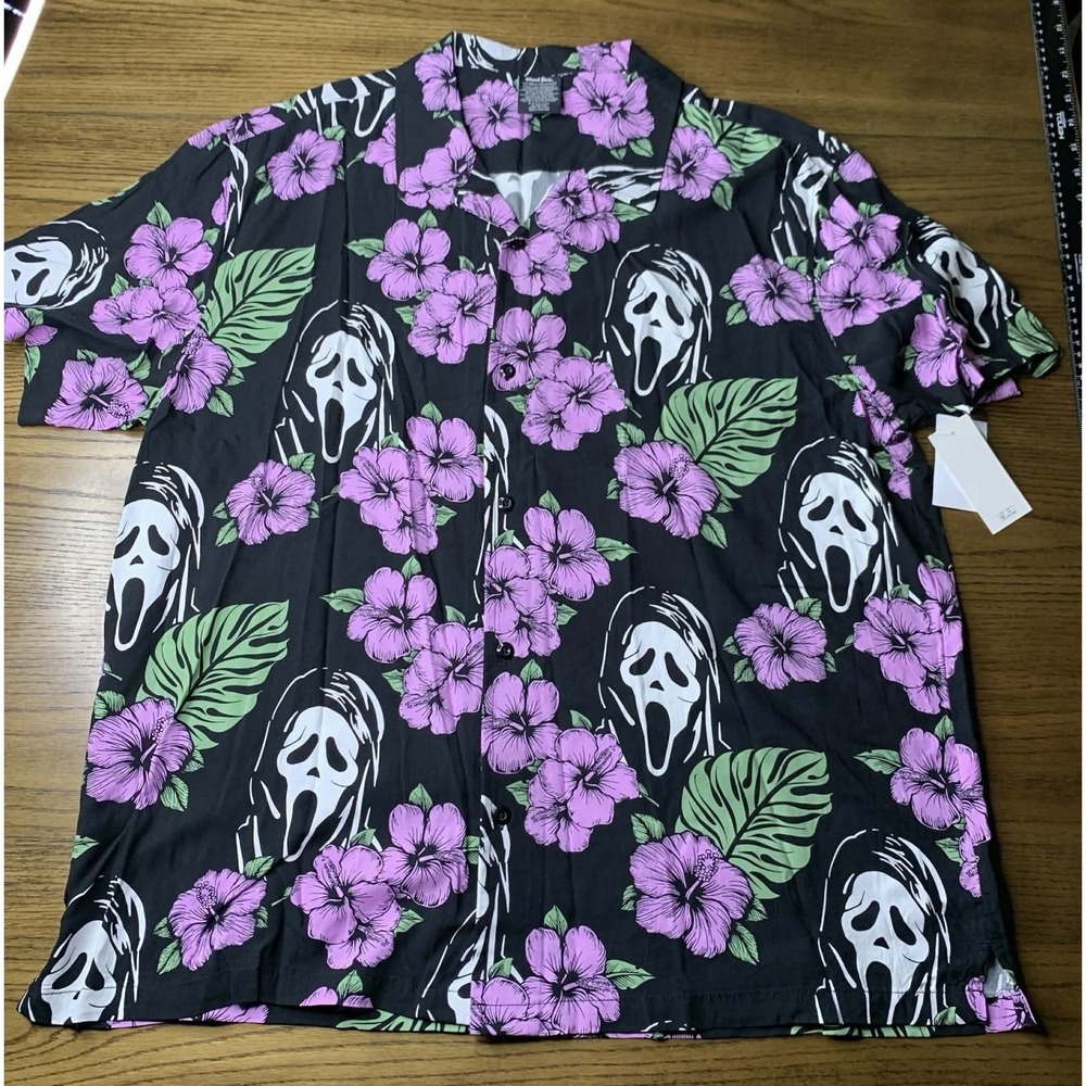 Bioworld Ghost Face Shirt Mens XL Black Hawaiian Aloha Horror Button Up